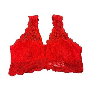 Aerie Bright Red Lace Bralette Removable Cups V Neck Size M Adjustable Straps